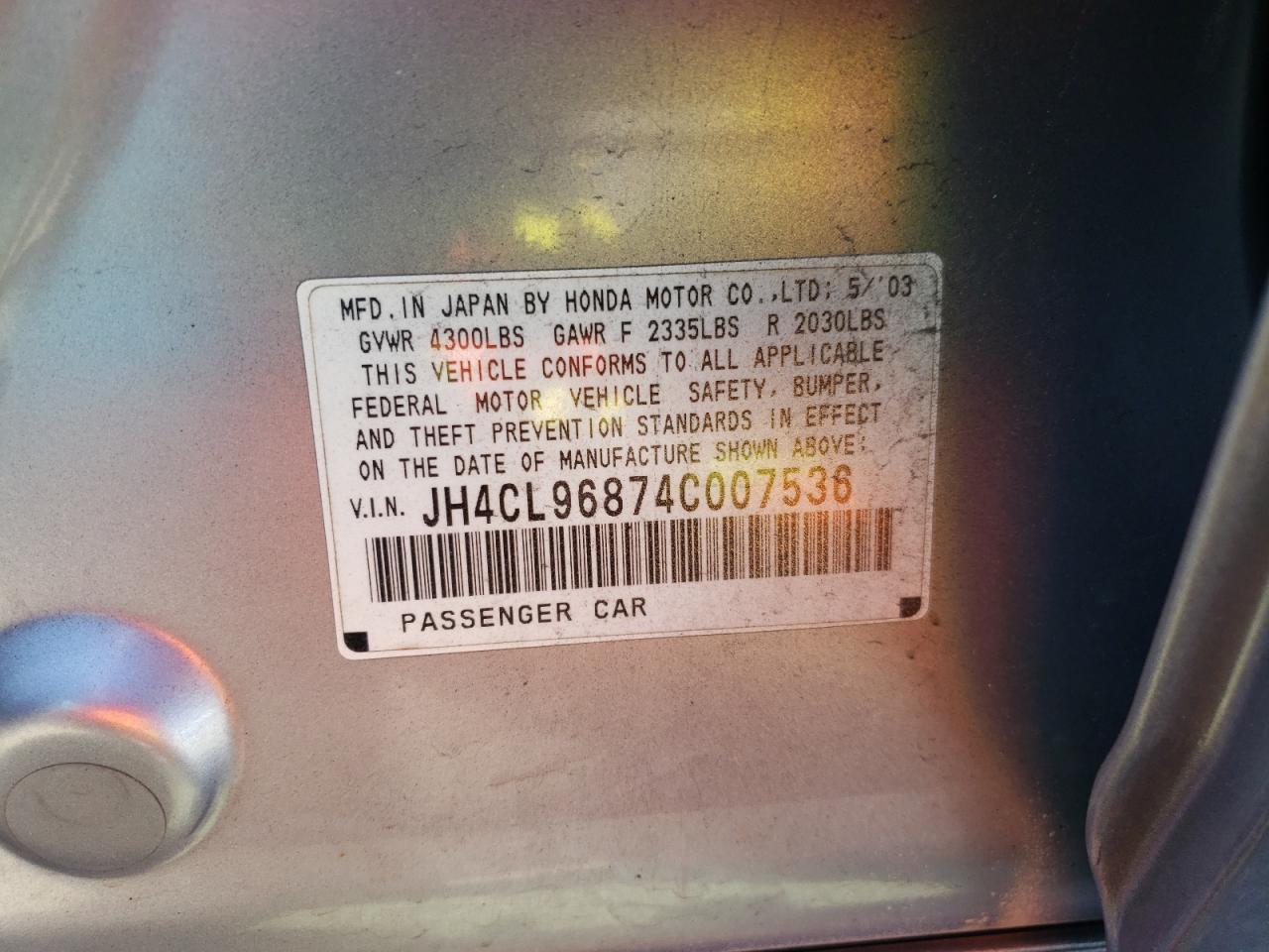 Photo 10 from auction – 2004 ACURA TSX with VIN JH4CL96874C007536