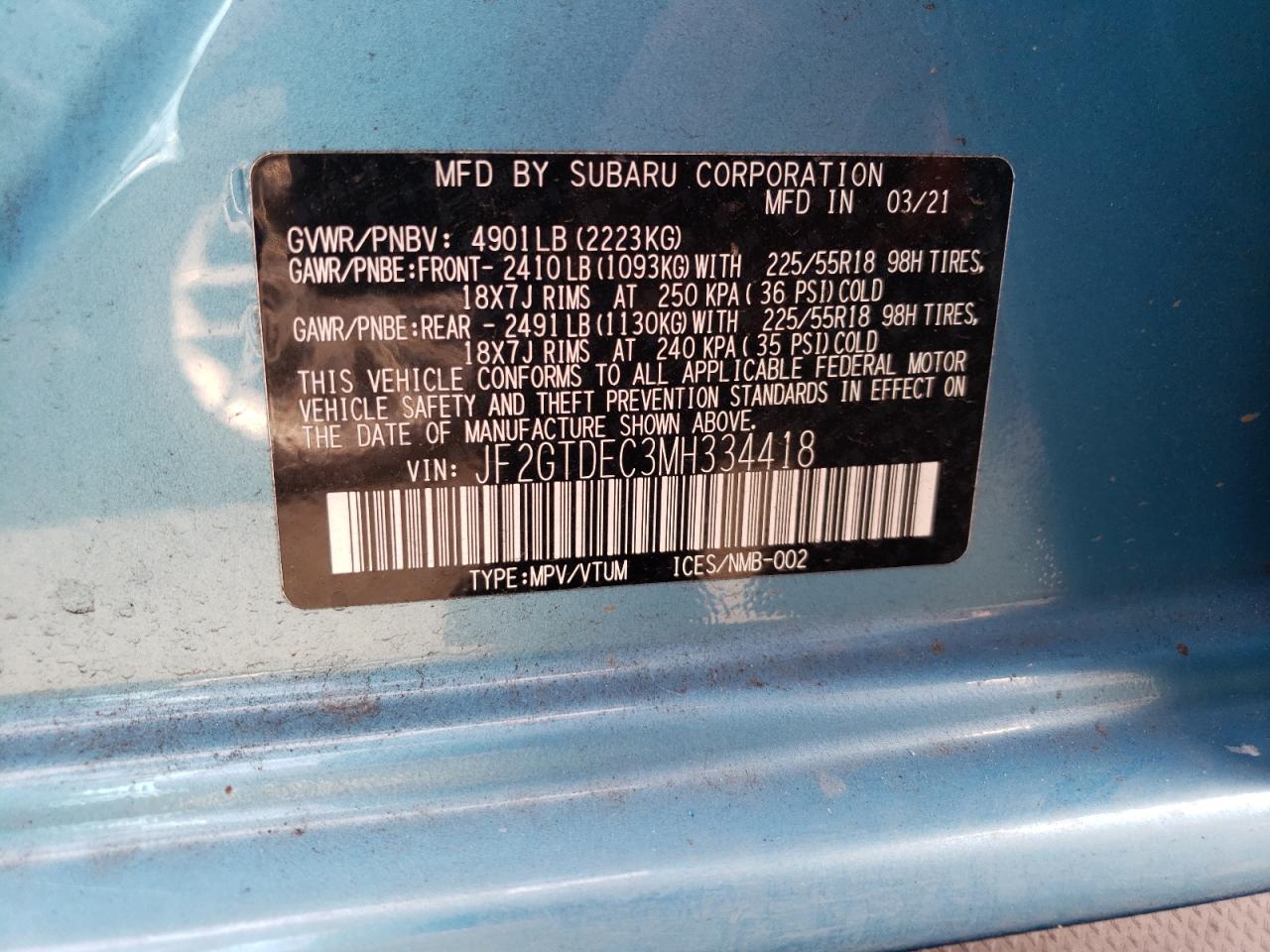 Photo 10 from auction – 2021 SUBARU CROSSTREK with VIN JF2GTDEC3MH334418