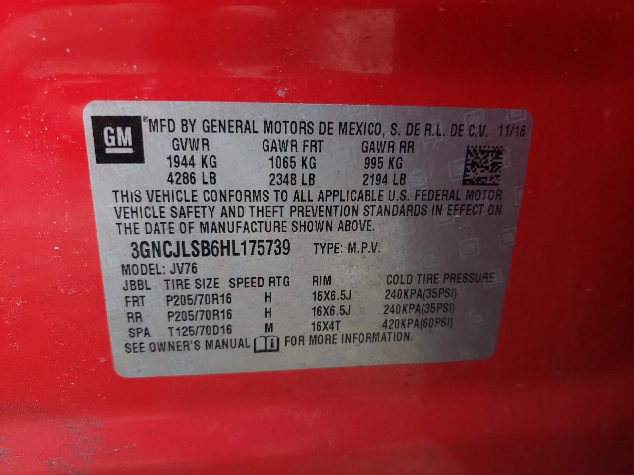 Photo 10 from auction – 2017 CHEVROLET TRAX 1LT with VIN 3GNCJLSB6HL175739