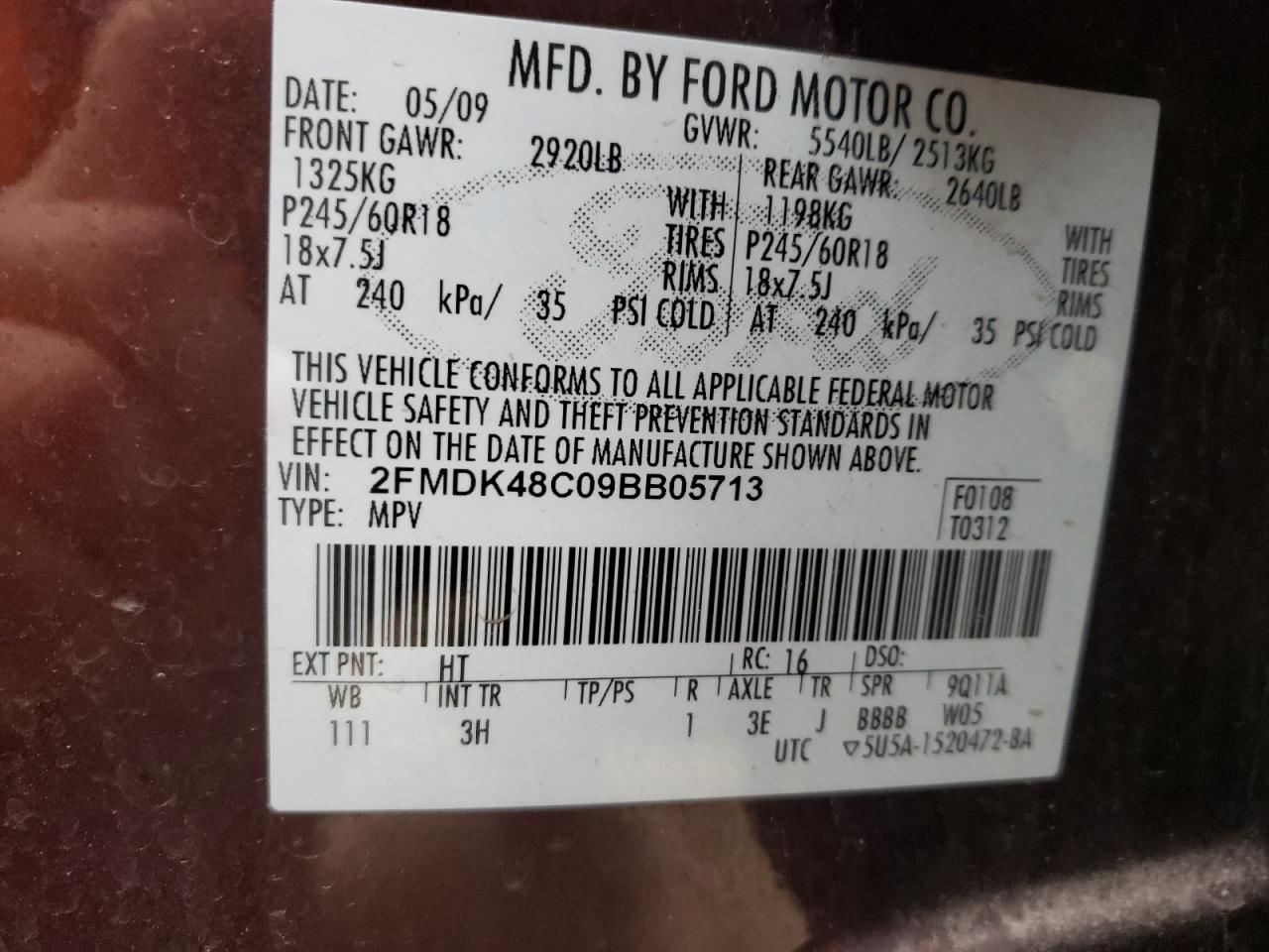 Photo 10 from auction – 2009 FORD EDGE SEL with VIN 2FMDK48C09BB05713