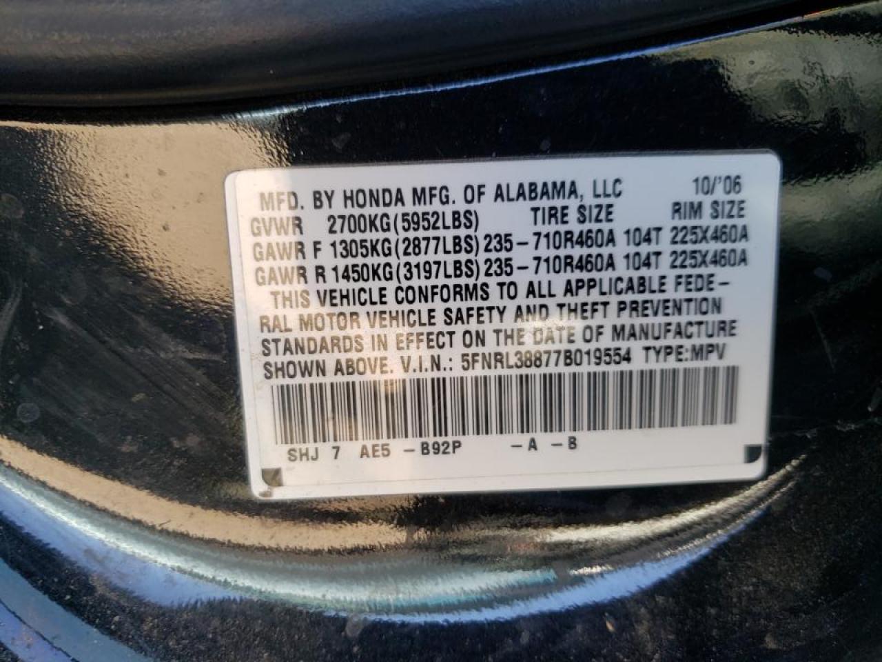 Photo 10 from auction – 2007 HONDA ODYSSEY TO with VIN 5FNRL38877B019554