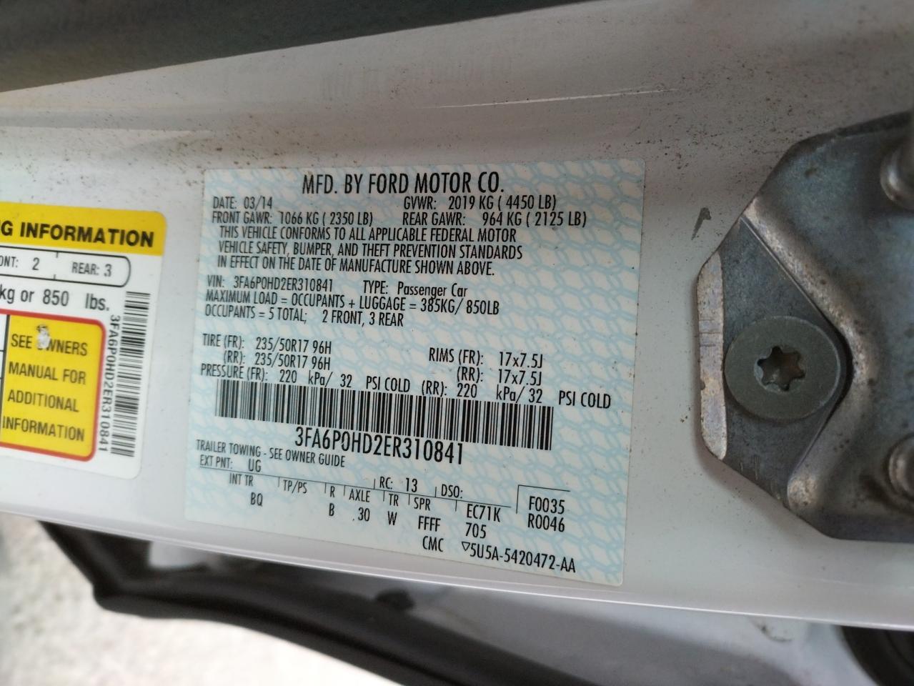 Photo 10 from auction – 2014 FORD FUSION SE with VIN 3FA6P0HD2ER310841