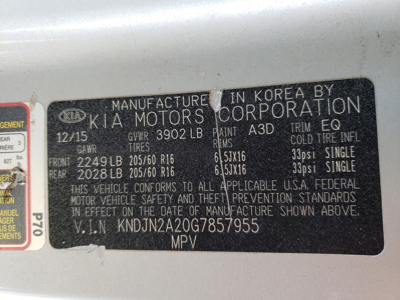 Photo 10 from auction – 2016 KIA SOUL with VIN KNDJN2A20G7857955