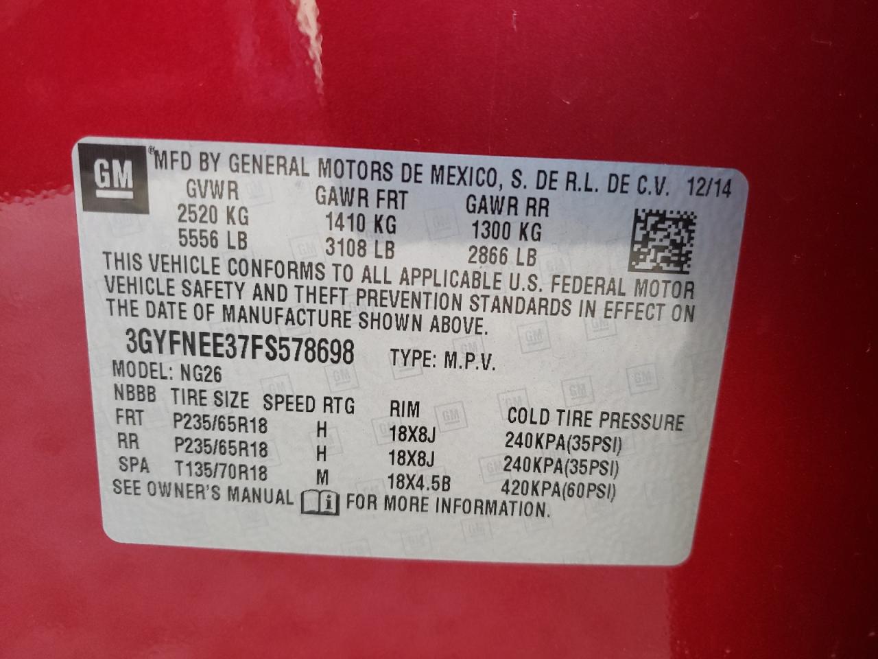 Photo 10 from auction – 2015 CADILLAC SRX LUXURY with VIN 3GYFNEE37FS578698