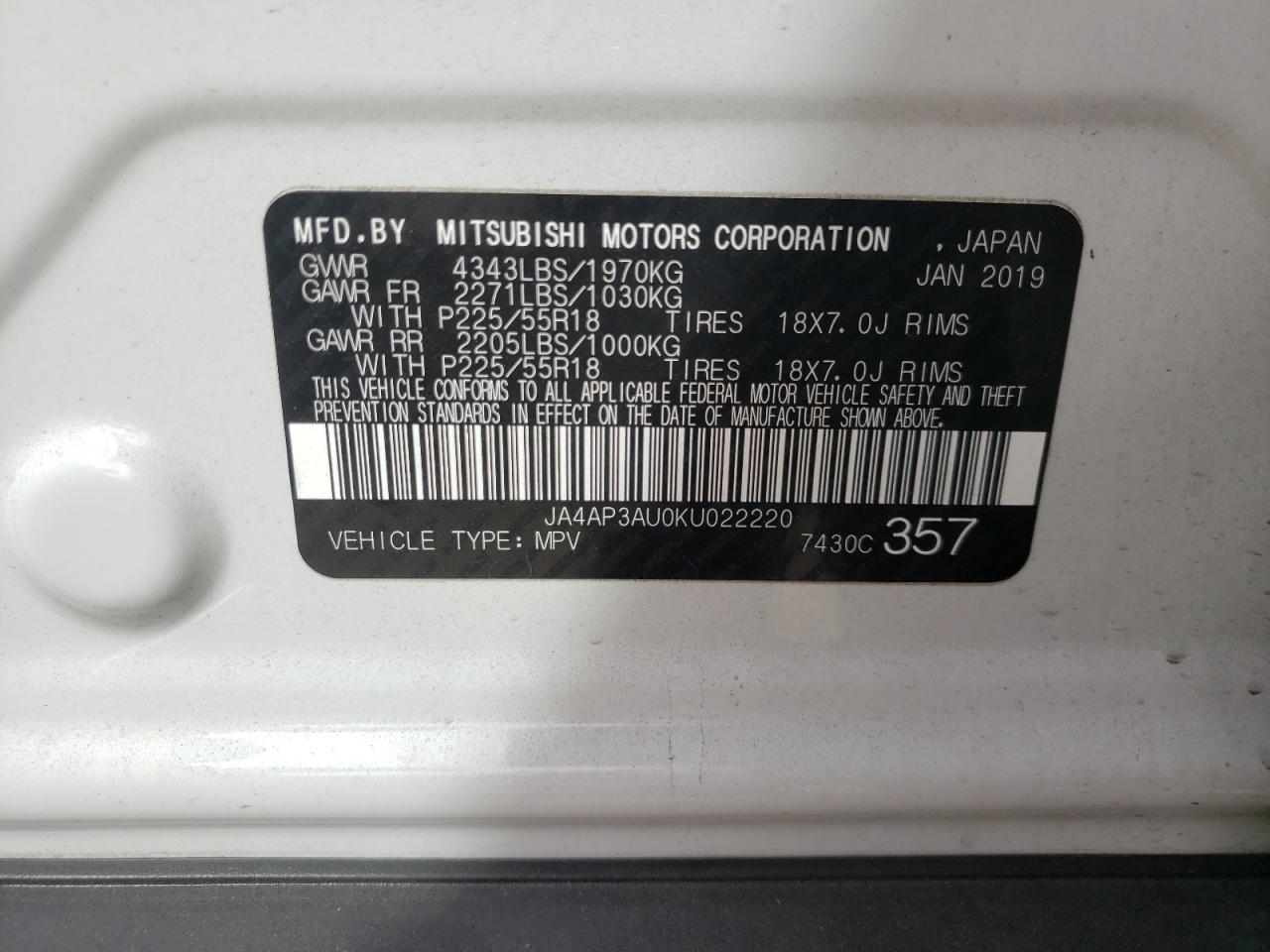 Photo 10 from auction – 2019 MITSUBISHI OUTLANDER with VIN JA4AP3AU0KU022220