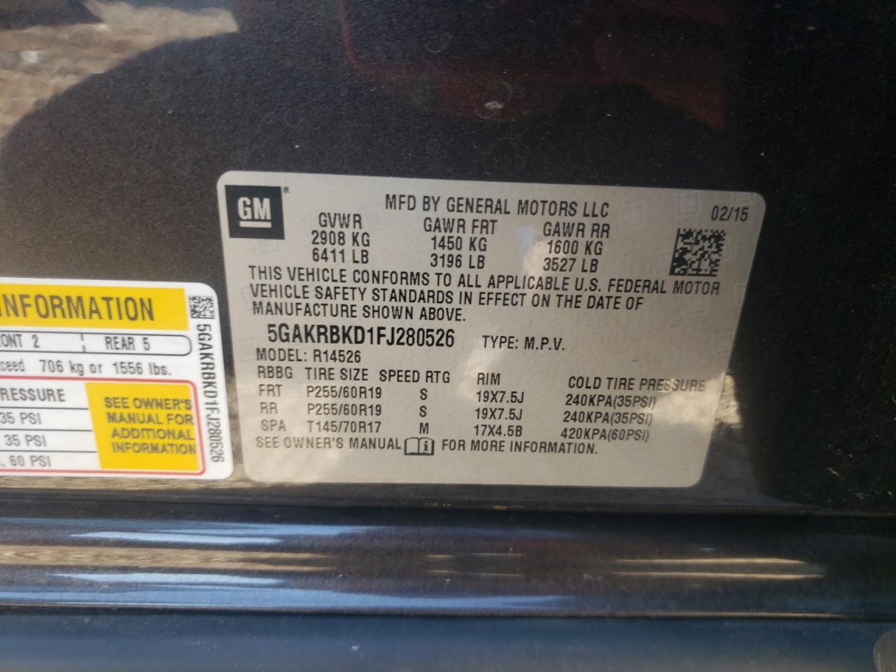 Photo 10 from auction – 2015 BUICK ENCLAVE with VIN 5GAKRBKD1FJ280526