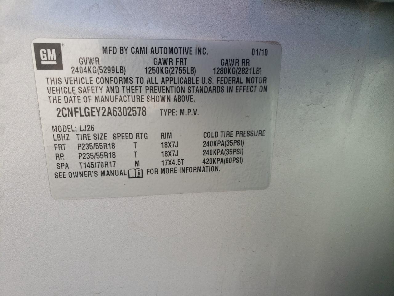 Photo 10 from auction – 2010 CHEVROLET EQUINOX LT with VIN 2CNFLGEY2A6302578