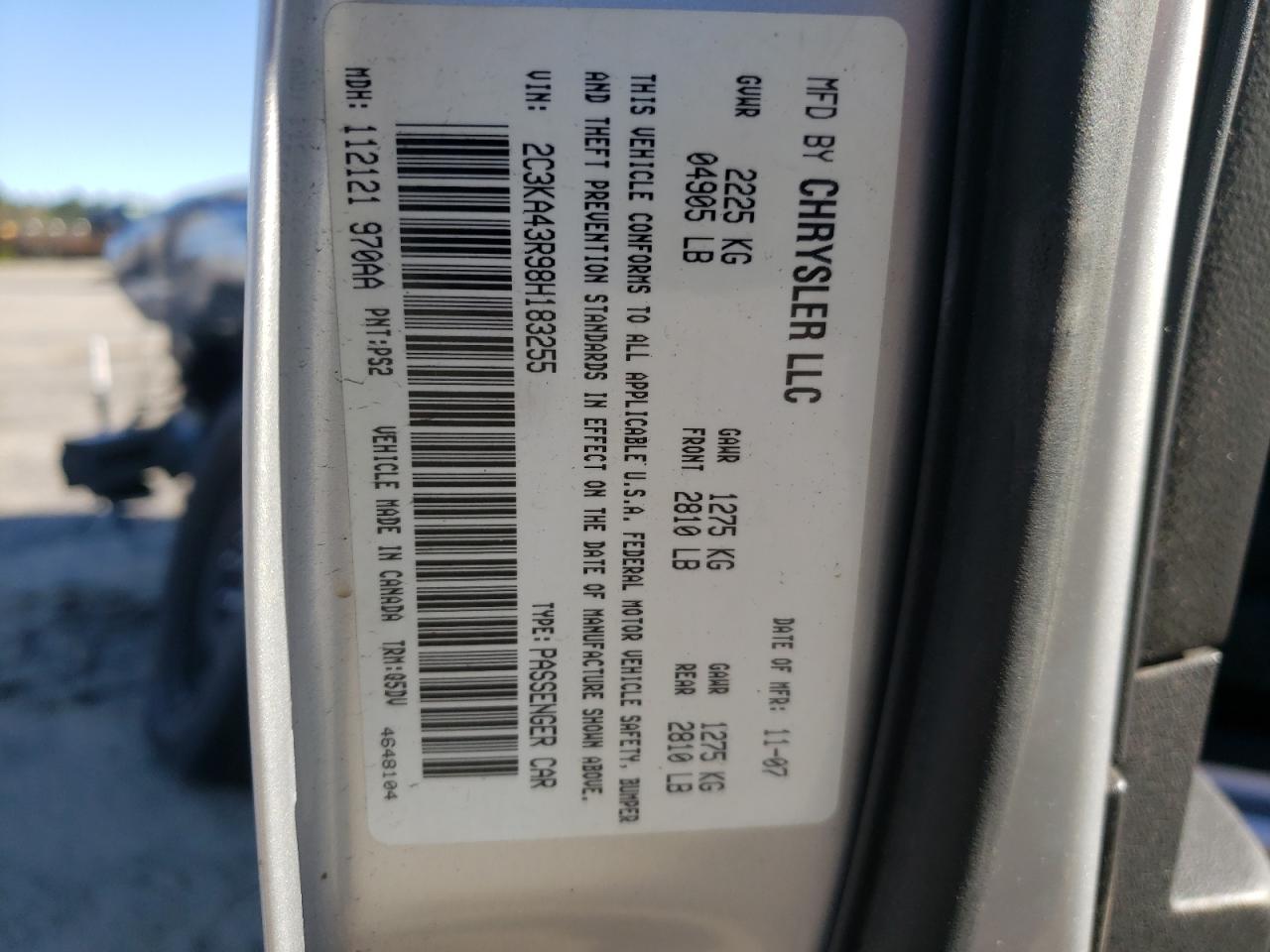 Photo 10 from auction – 2008 CHRYSLER 300 LX with VIN 2C3KA43R98H183255