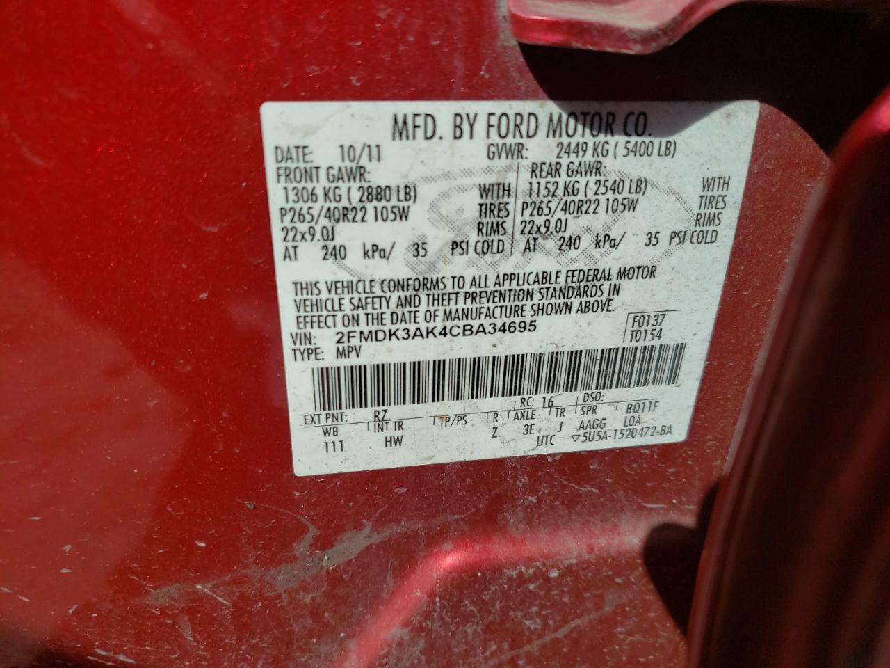 Photo 10 from auction – 2012 FORD EDGE SPORT with VIN 2FMDK3AK4CBA34695