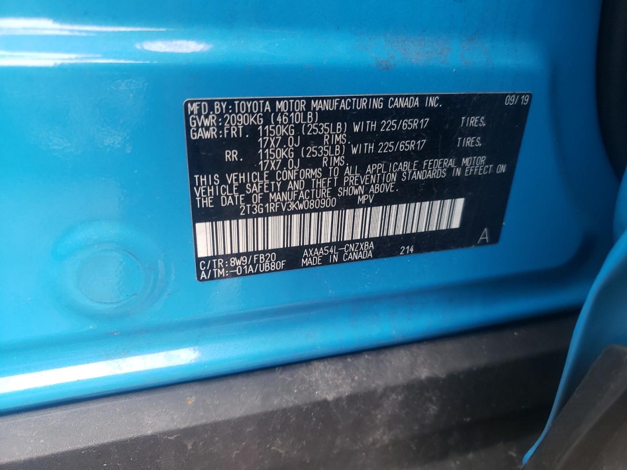 Photo 10 from auction – 2019 TOYOTA RAV4 LE with VIN 2T3G1RFV3KW080900