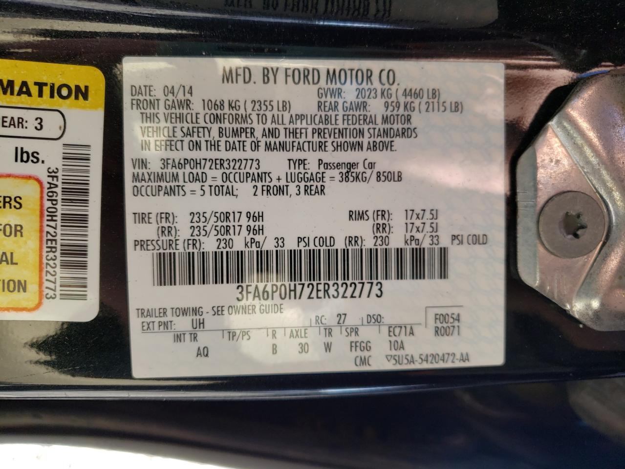 Photo 10 from auction – 2014 FORD FUSION SE with VIN 3FA6P0H72ER322773
