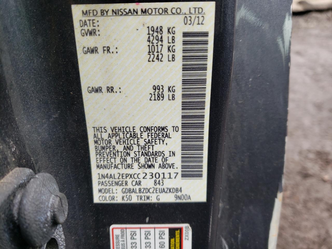 Photo 10 from auction – 2012 NISSAN ALTIMA with VIN 1N4AL2EPXCC230117