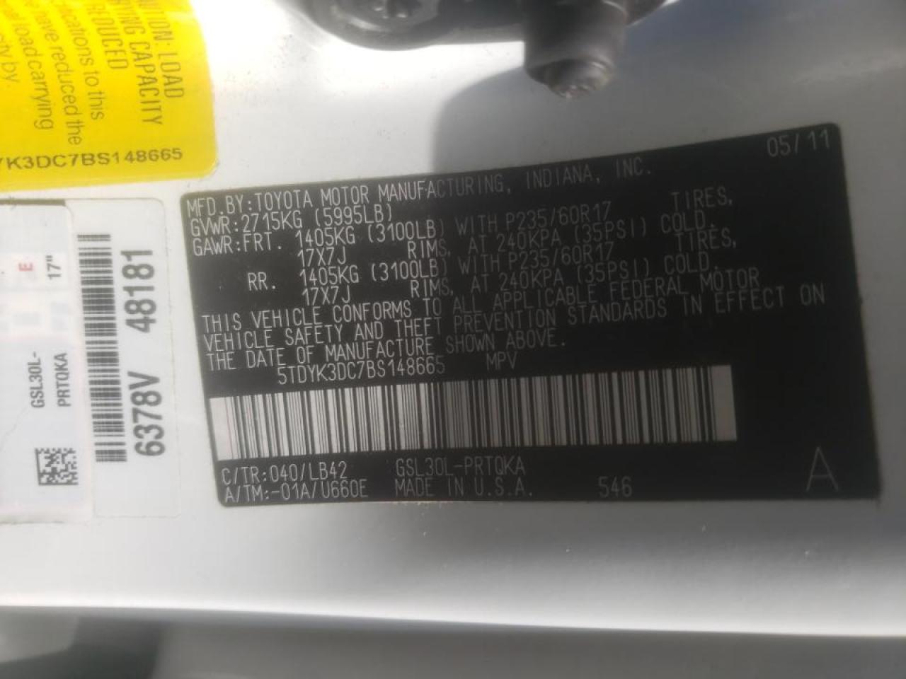 Photo 10 from auction – 2011 TOYOTA SIENNA XLE with VIN 5TDYK3DC7BS148665