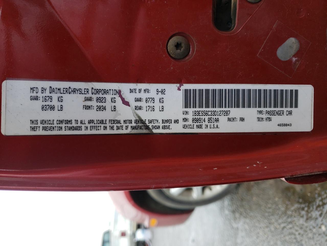Photo 10 from auction – 2003 DODGE NEON SXT with VIN 1B3ES56C33D127287
