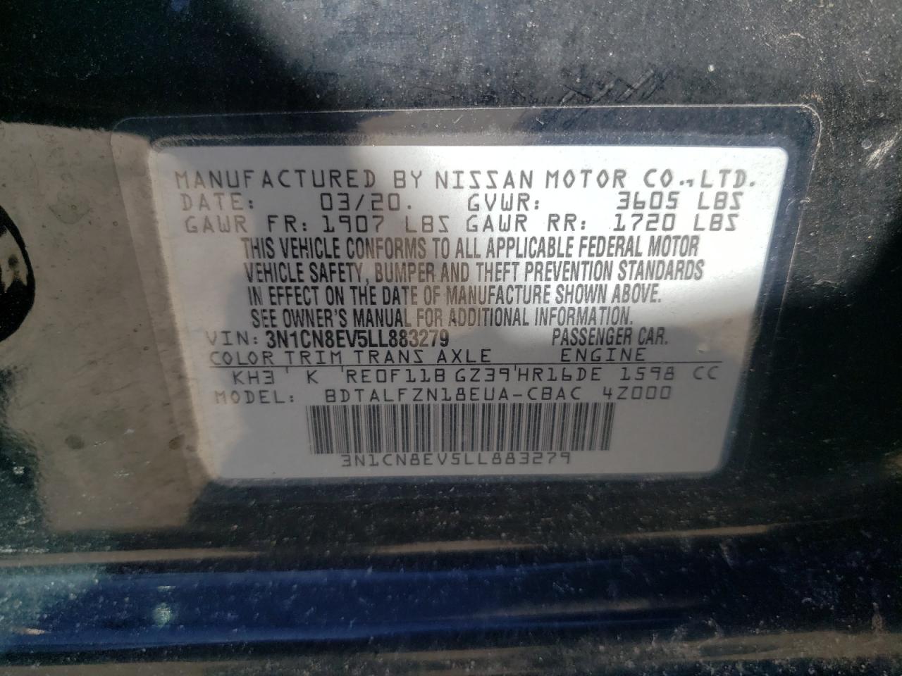 Photo 10 from auction – 2020 NISSAN VERSA SV with VIN 3N1CN8EV5LL883279