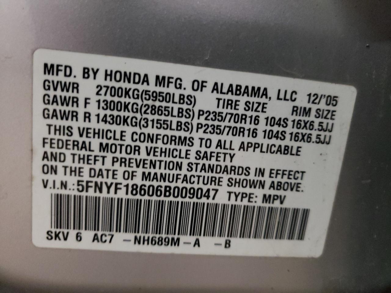 Foto 10 de la subasta – 2006 HONDA PILOT EX con VIN 5FNYF18606B009047