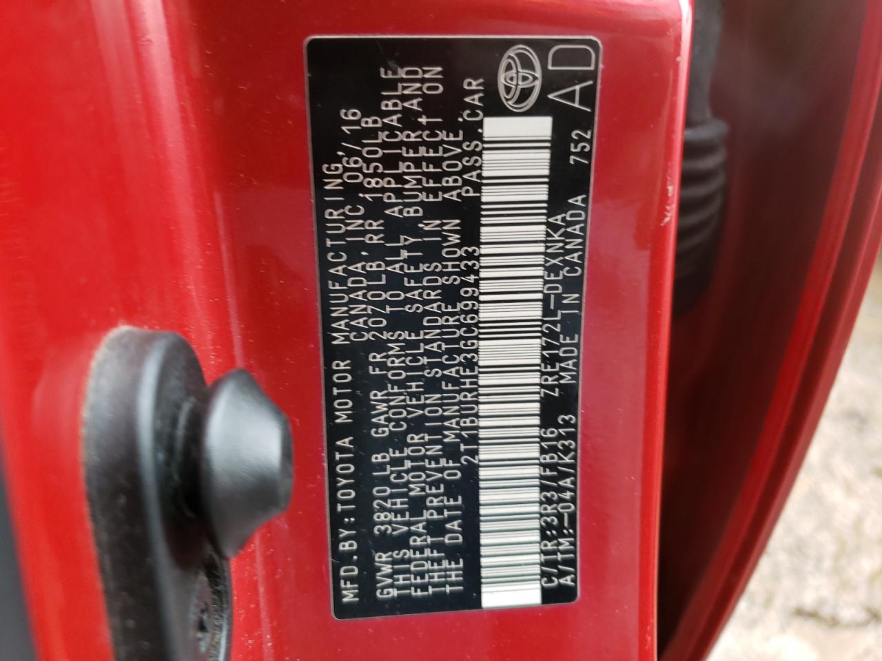 Photo 10 from auction – 2016 TOYOTA COROLLA L with VIN 2T1BURHE3GC699433