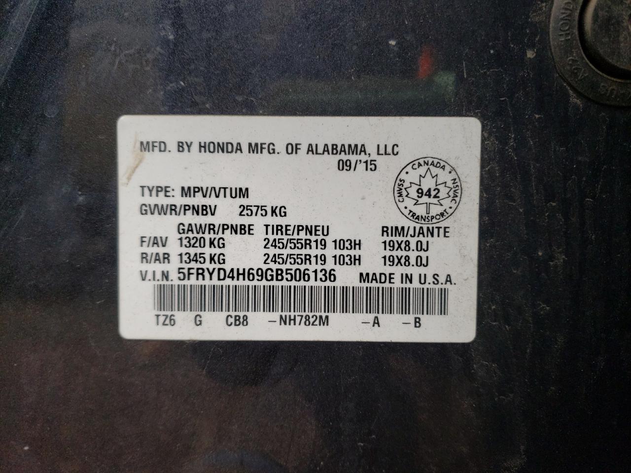 Photo 10 from auction – 2016 ACURA MDX TECHNO with VIN 5FRYD4H69GB506136