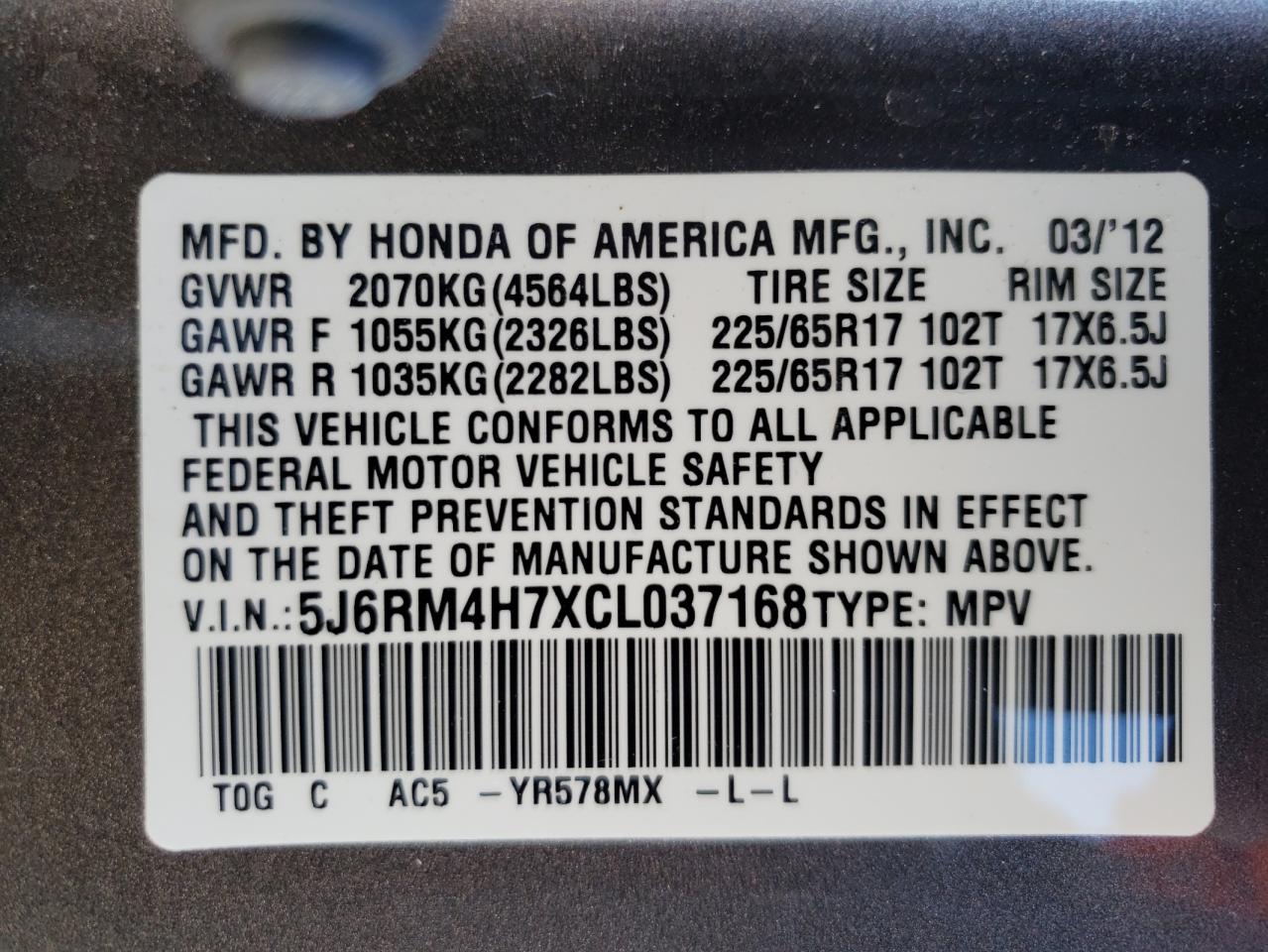 Photo 10 from auction – 2012 HONDA CR-V EXL with VIN 5J6RM4H7XCL037168