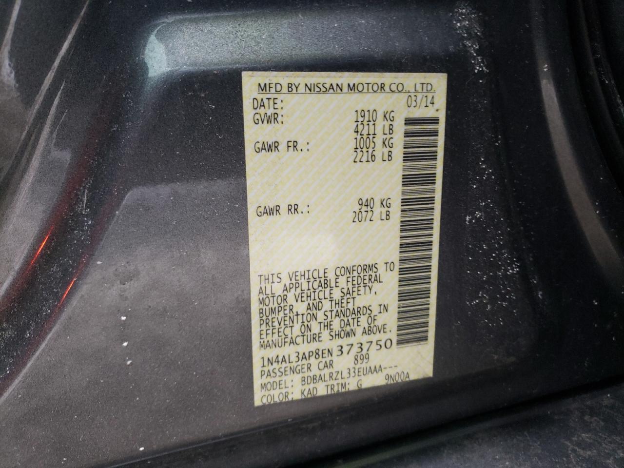 Photo 10 from auction – 2014 NISSAN ALTIMA 2.5 with VIN 1N4AL3AP8EN373750