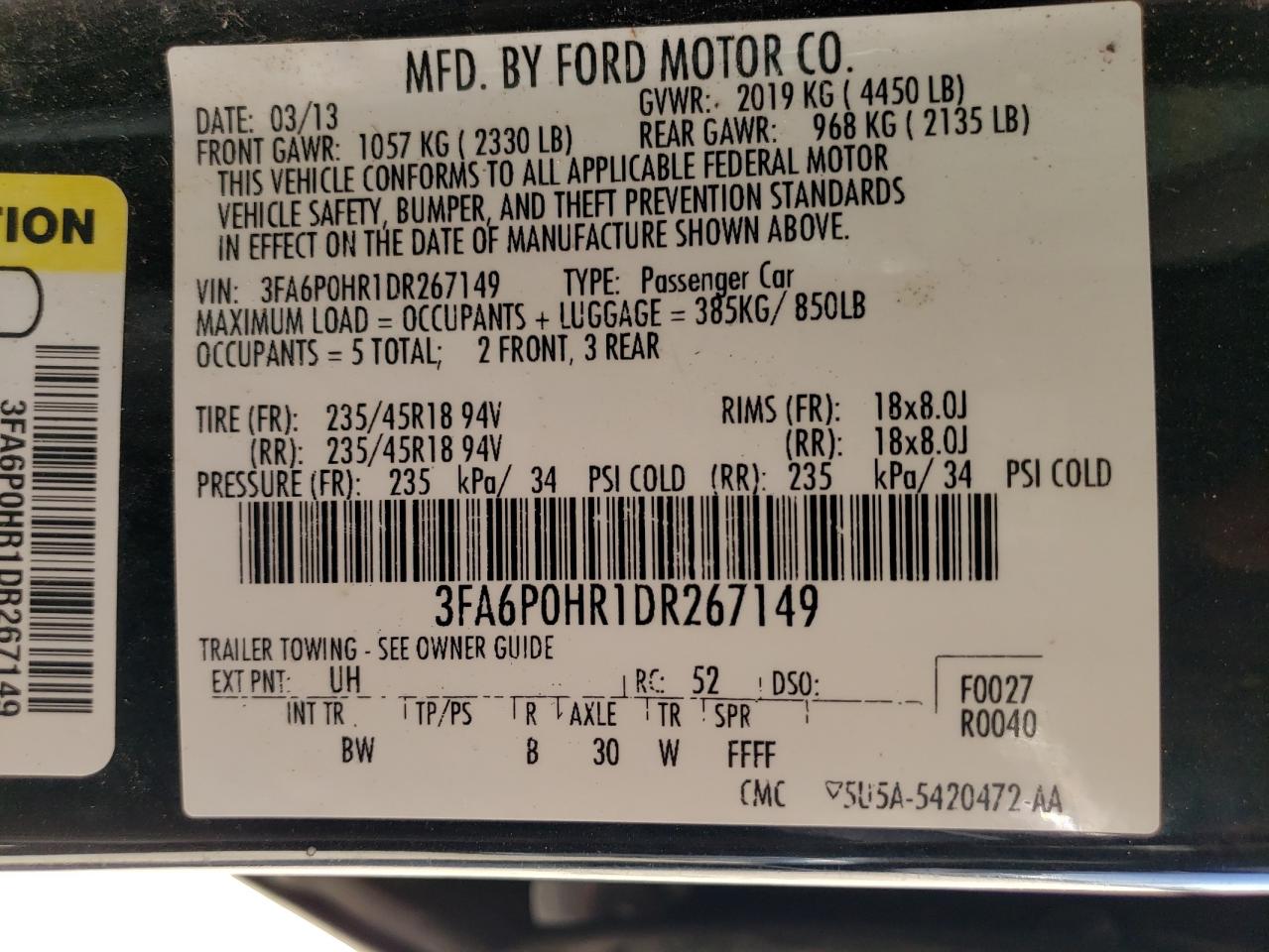 Photo 10 from auction – 2013 FORD FUSION SE with VIN 3FA6P0HR1DR267149