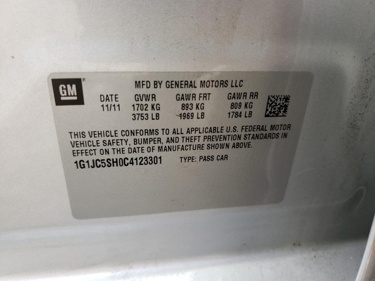 Photo 10 from auction – 2012 CHEVROLET SONIC LT with VIN 1G1JC5SH0C4123301