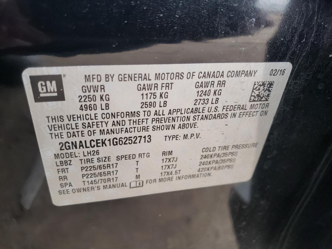 Photo 10 from auction – 2016 CHEVROLET EQUINOX LT with VIN 2GNALCEK1G6252713