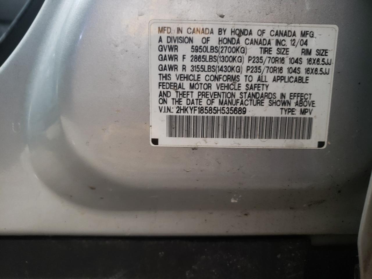 Photo 10 from auction – 2005 HONDA PILOT EXL with VIN 2HKYF18585H535689