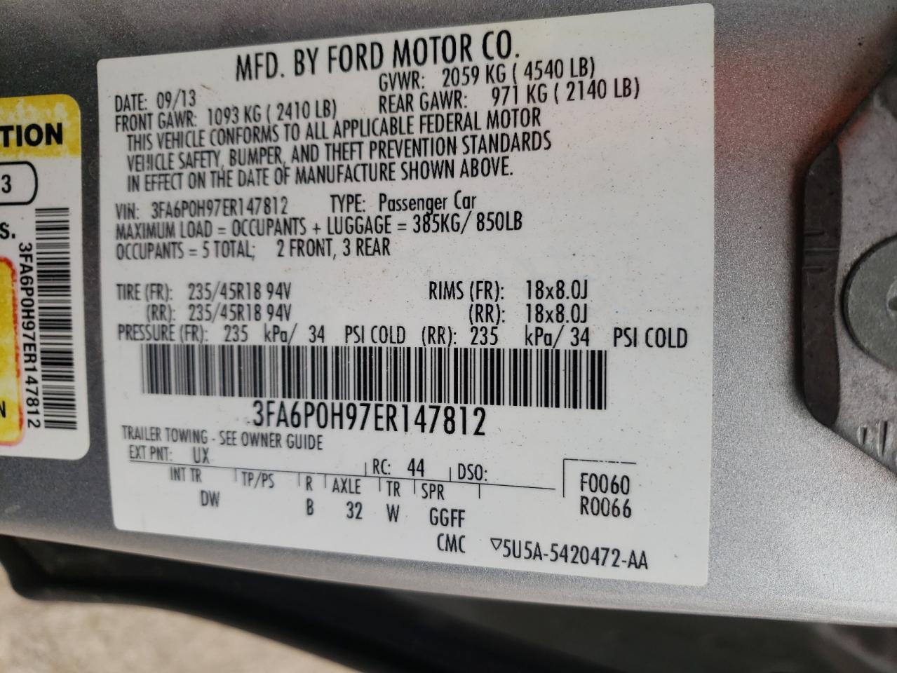 Photo 10 from auction – 2014 FORD FUSION SE with VIN 3FA6P0H97ER147812