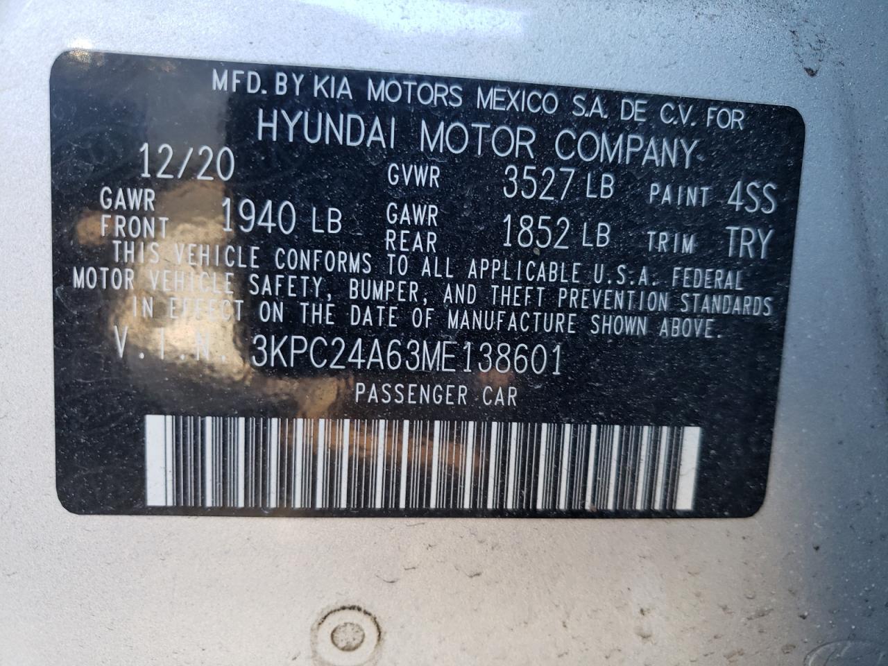 Photo 10 from auction – 2021 HYUNDAI ACCENT SE with VIN 3KPC24A63ME138601