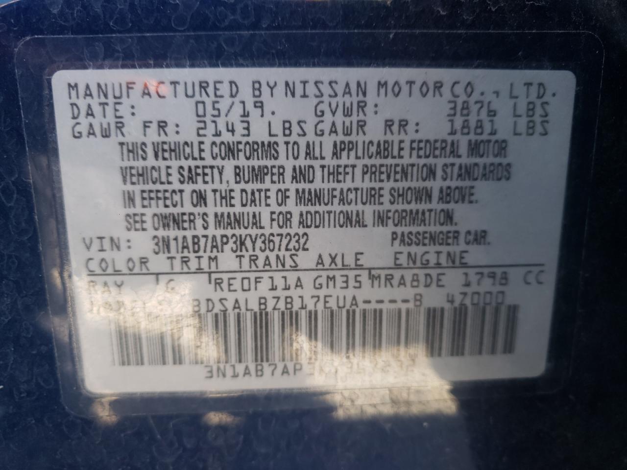 Photo 10 from auction – 2019 NISSAN SENTRA S with VIN 3N1AB7AP3KY367232