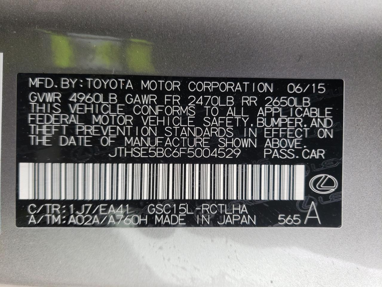 Photo 10 from auction – 2015 LEXUS RC 350 with VIN JTHSE5BC6F5004529