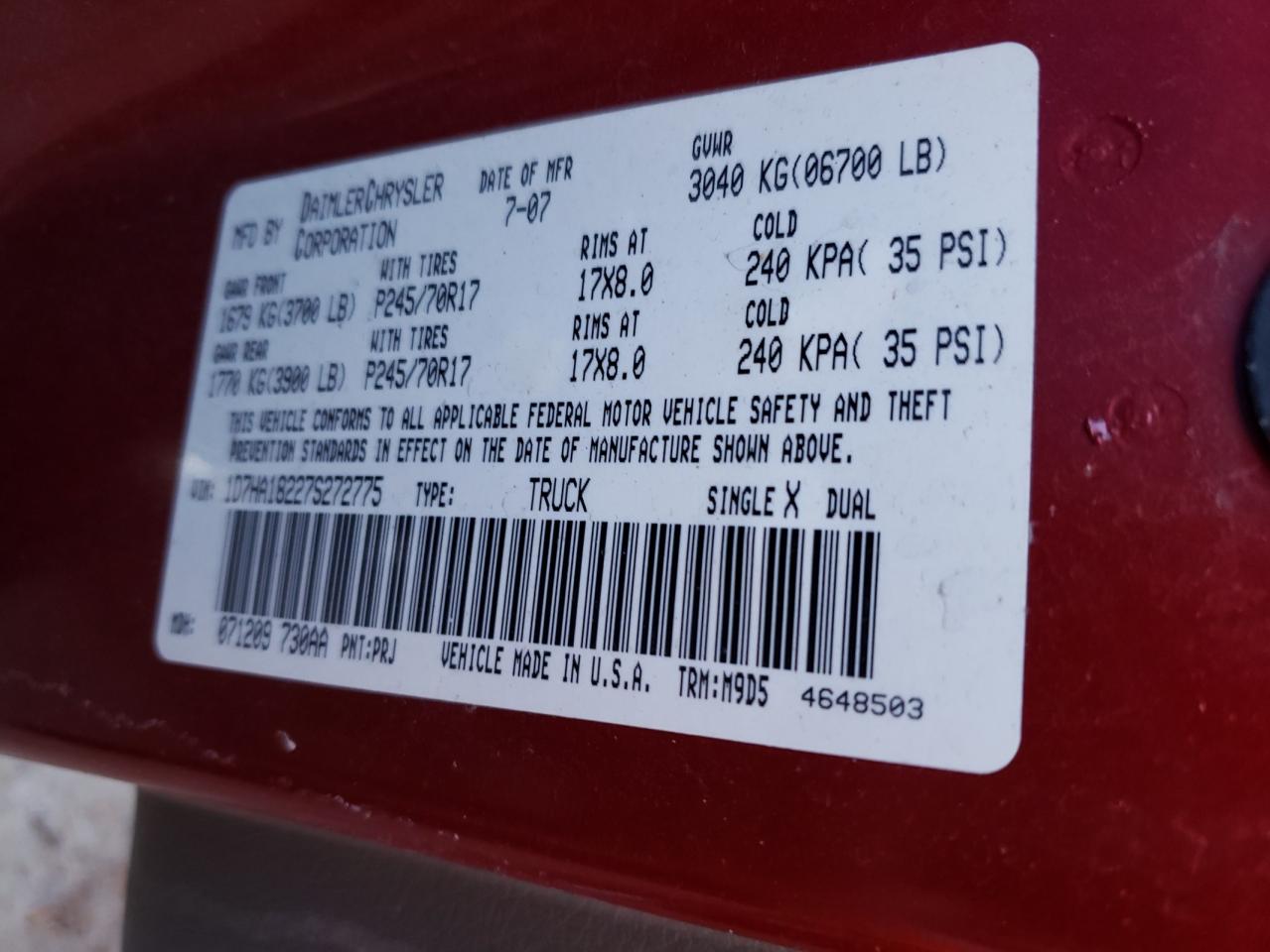 Photo 10 from auction – 2007 DODGE RAM 1500 S with VIN 1D7HA18227S272775
