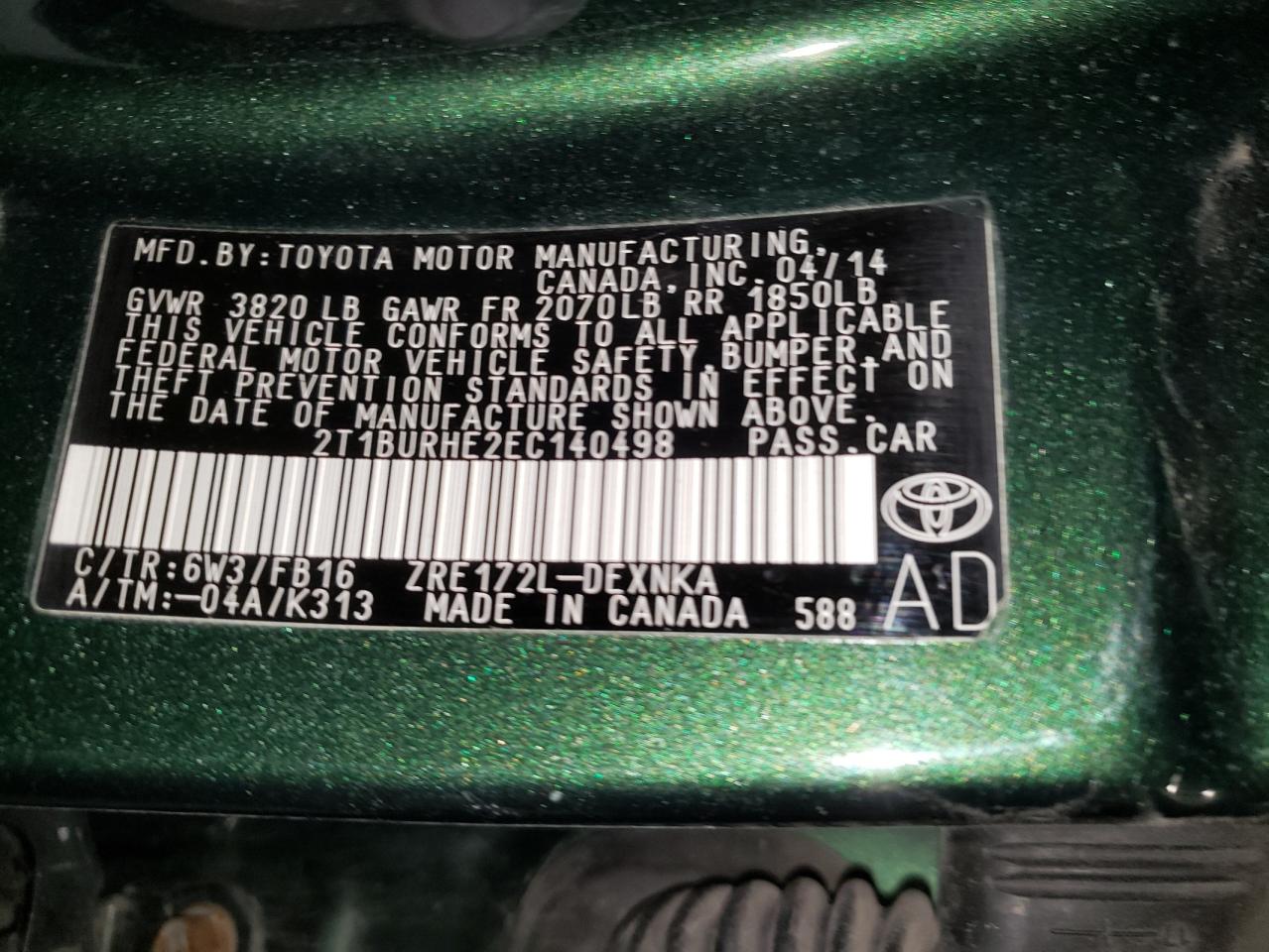 Photo 10 from auction – 2014 TOYOTA COROLLA L with VIN 2T1BURHE2EC140498