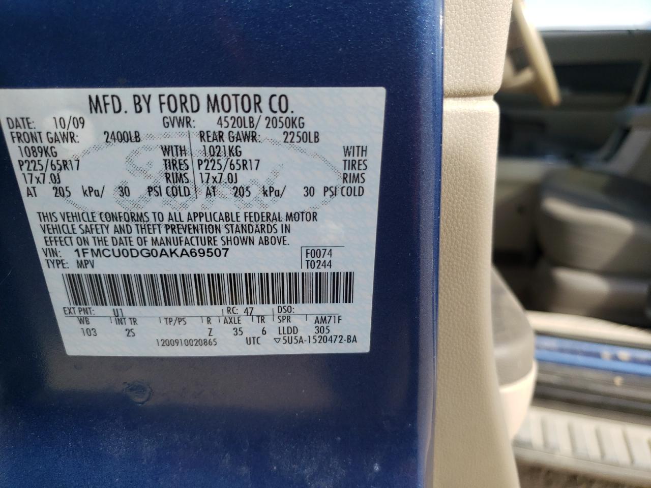 Photo 10 from auction – 2010 FORD ESCAPE XLT with VIN 1FMCU0DG0AKA69507
