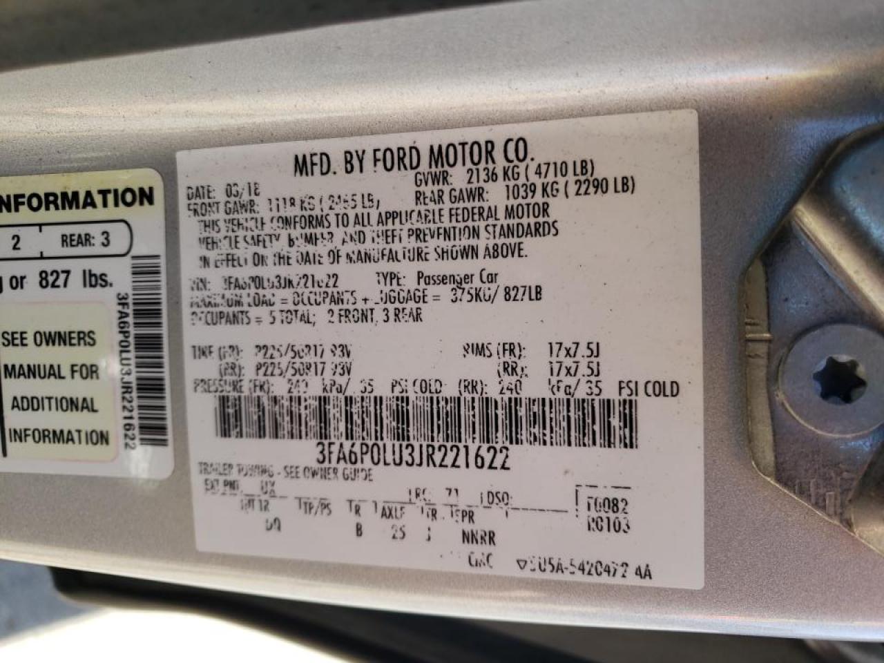Photo 10 from auction – 2018 FORD FUSION SE with VIN 3FA6P0LU3JR221622
