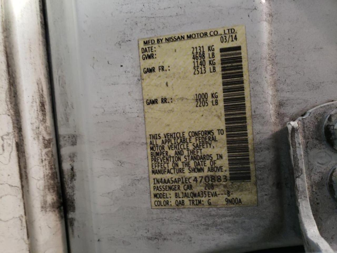 Photo 10 from auction – 2014 NISSAN MAXIMA S with VIN 1N4AA5AP1EC470883