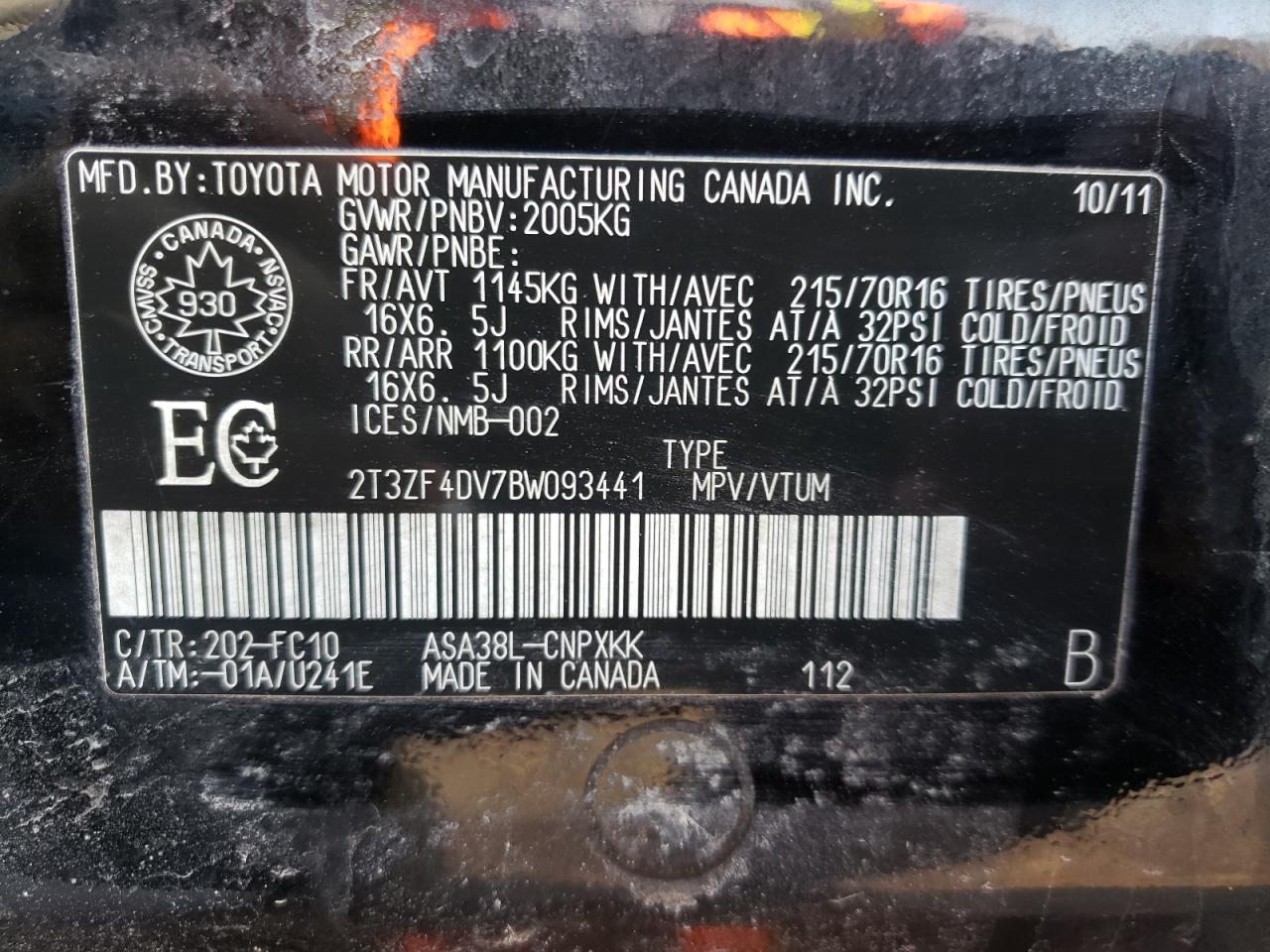 Photo 10 from auction – 2011 TOYOTA RAV4 with VIN 2T3ZF4DV7BW093441
