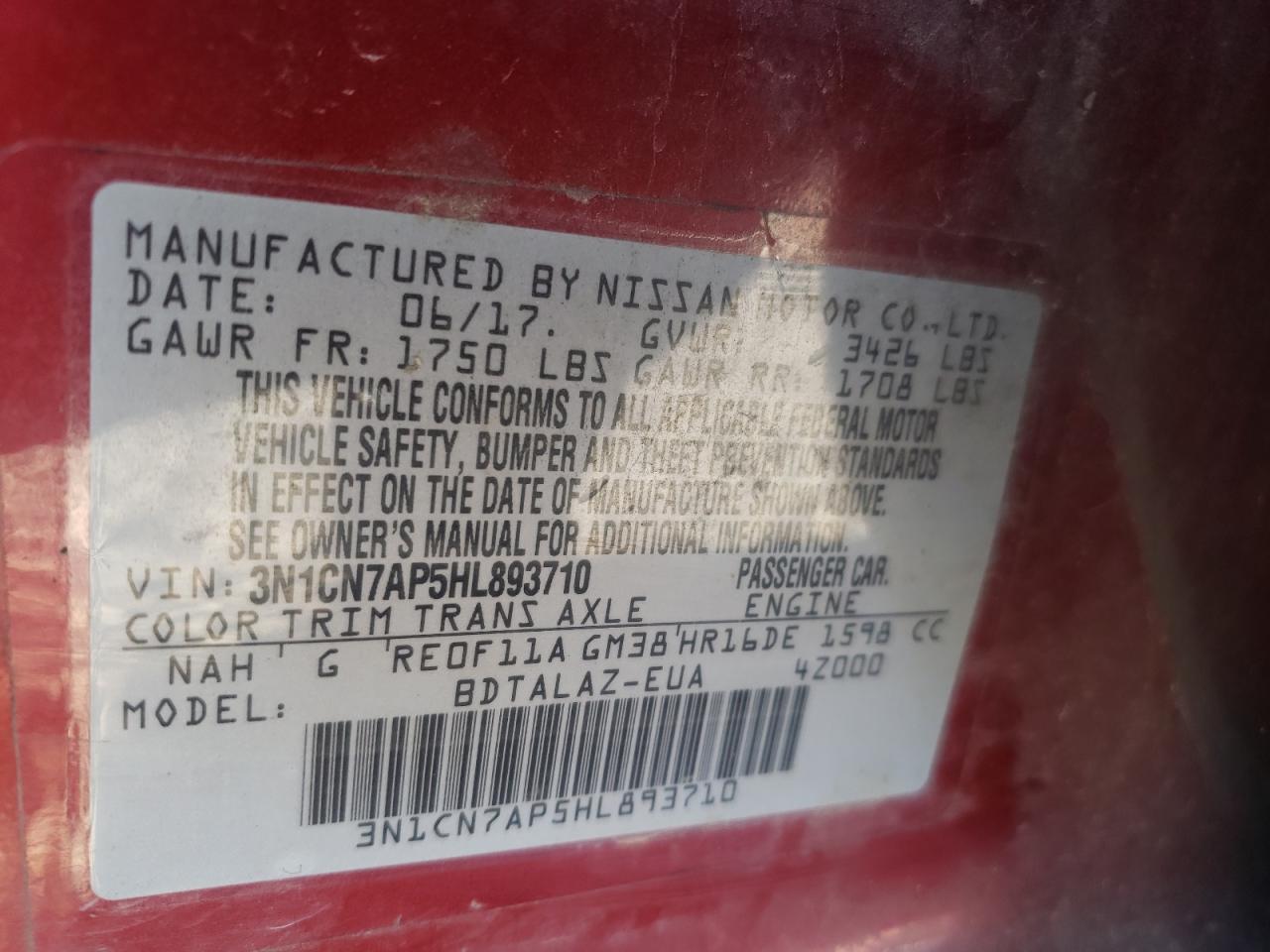 Photo 10 from auction – 2017 NISSAN VERSA S with VIN 3N1CN7AP5HL893710