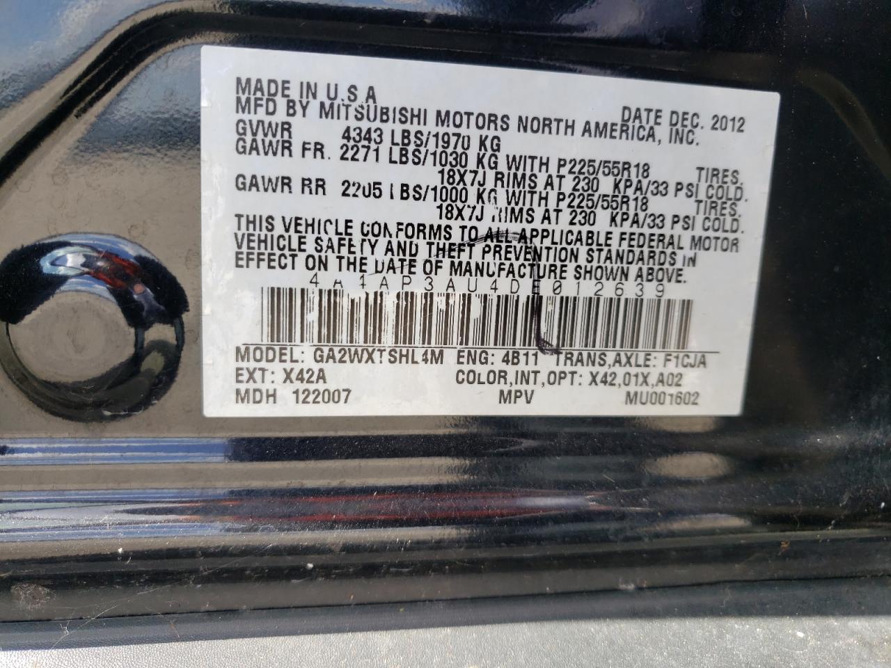 Photo 10 from auction – 2013 MITSUBISHI OUTLANDER with VIN 4A4AP3AU4DE012639