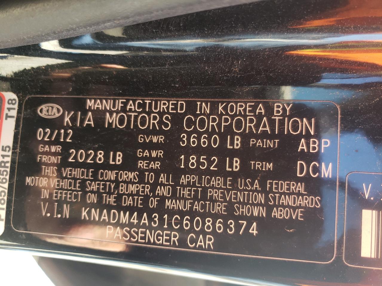 Photo 10 from auction – 2012 KIA RIO LX with VIN KNADM4A31C6086374