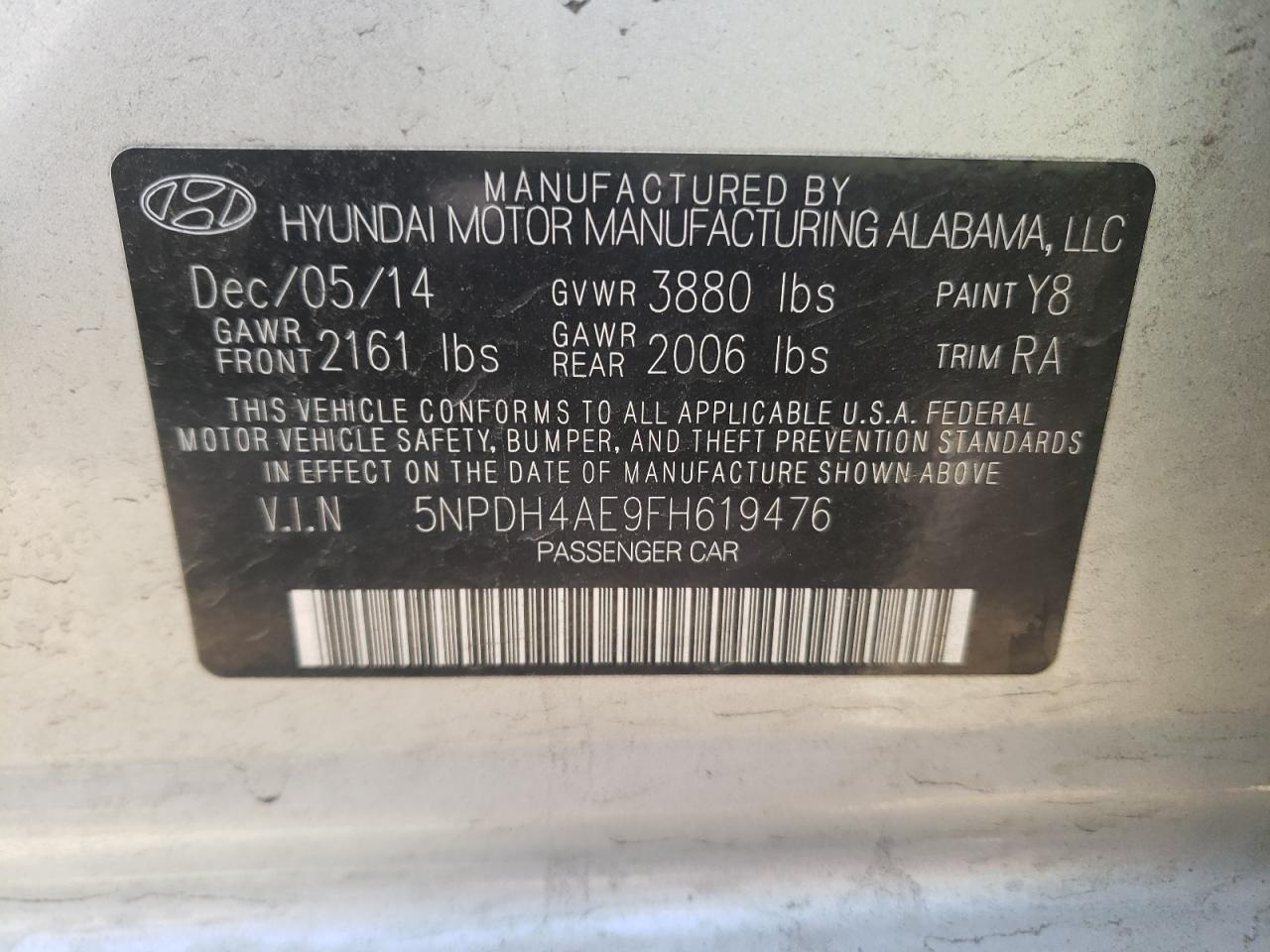 Photo 10 from auction – 2015 HYUNDAI ELANTRA SE with VIN 5NPDH4AE9FH619476