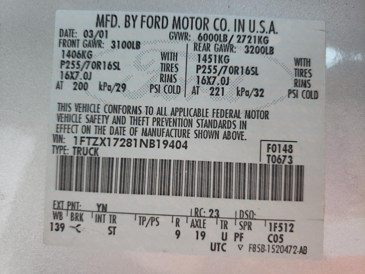 Photo 10 from auction – 2001 FORD F150 with VIN 1FTZX17281NB19404