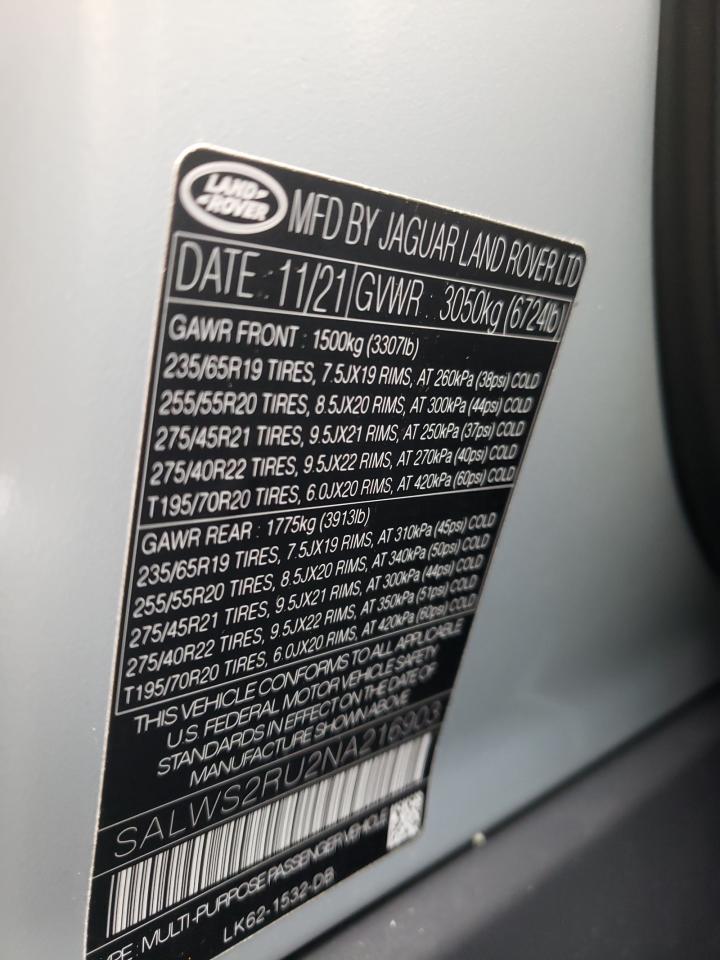 Photo 10 from auction – 2022 LAND ROVER RANGE ROVE with VIN SALWS2RU2NA216903
