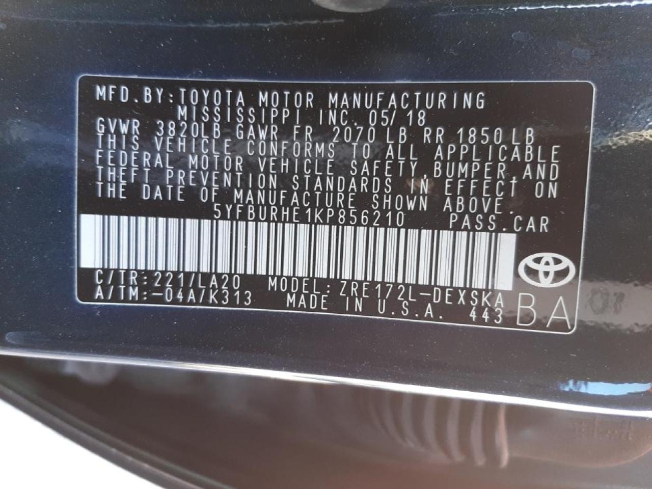 Photo 10 from auction – 2019 TOYOTA COROLLA L with VIN 5YFBURHE1KP856210