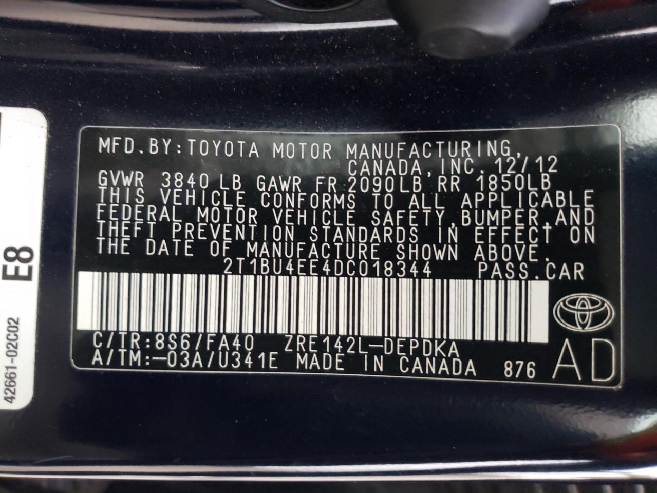 Photo 10 from auction – 2013 TOYOTA COROLLA BA with VIN 2T1BU4EE4DC018344