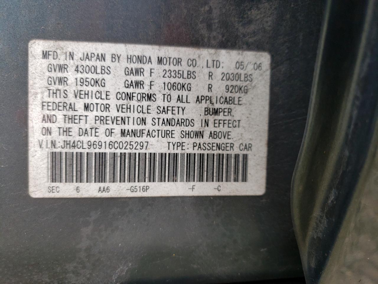 Photo 10 from auction – 2006 ACURA TSX with VIN JH4CL96916C025297