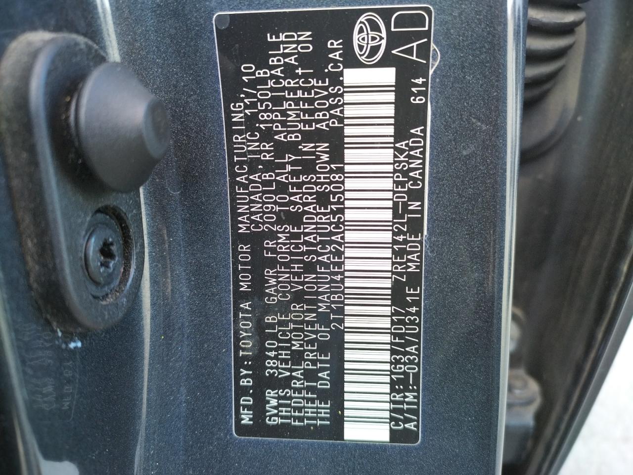 Photo 10 from auction – 2010 TOYOTA COROLLA BA with VIN 2T1BU4EE2AC515081