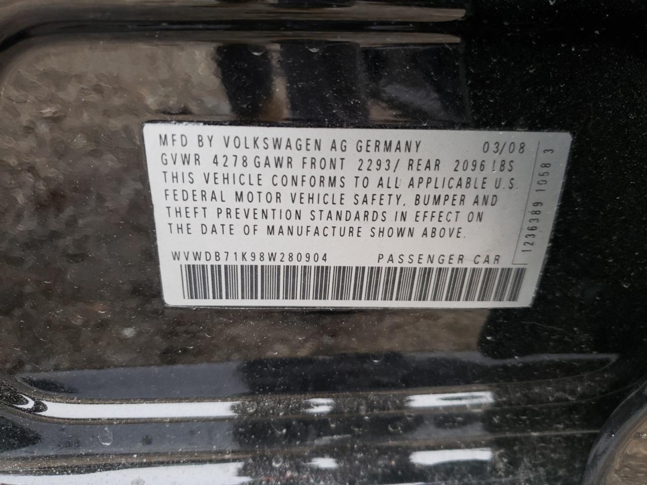 Photo 10 from auction – 2008 VOLKSWAGEN RABBIT with VIN WVWDB71K98W280904