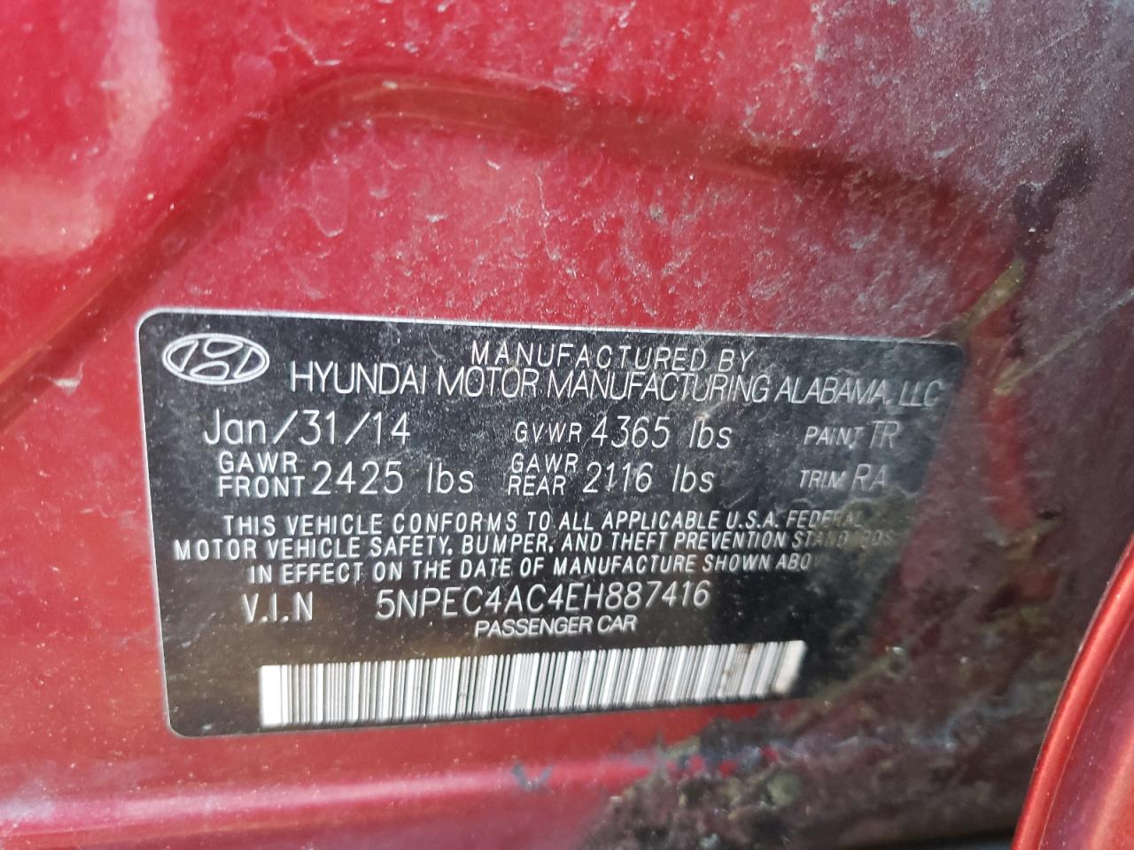 Photo 10 from auction – 2014 HYUNDAI SONATA SE with VIN 5NPEC4AC4EH887416